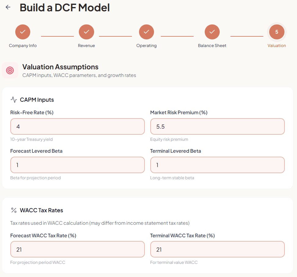 WACC assumption inputs in the wizard